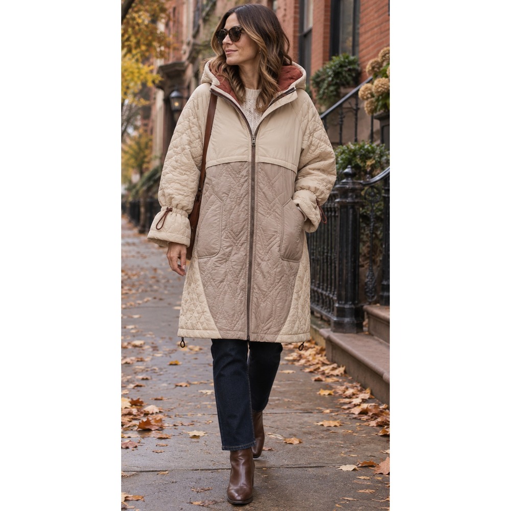 Pilcro Anthropologie Womens L Quilted Hooded Long Coat Colorblock NWT
